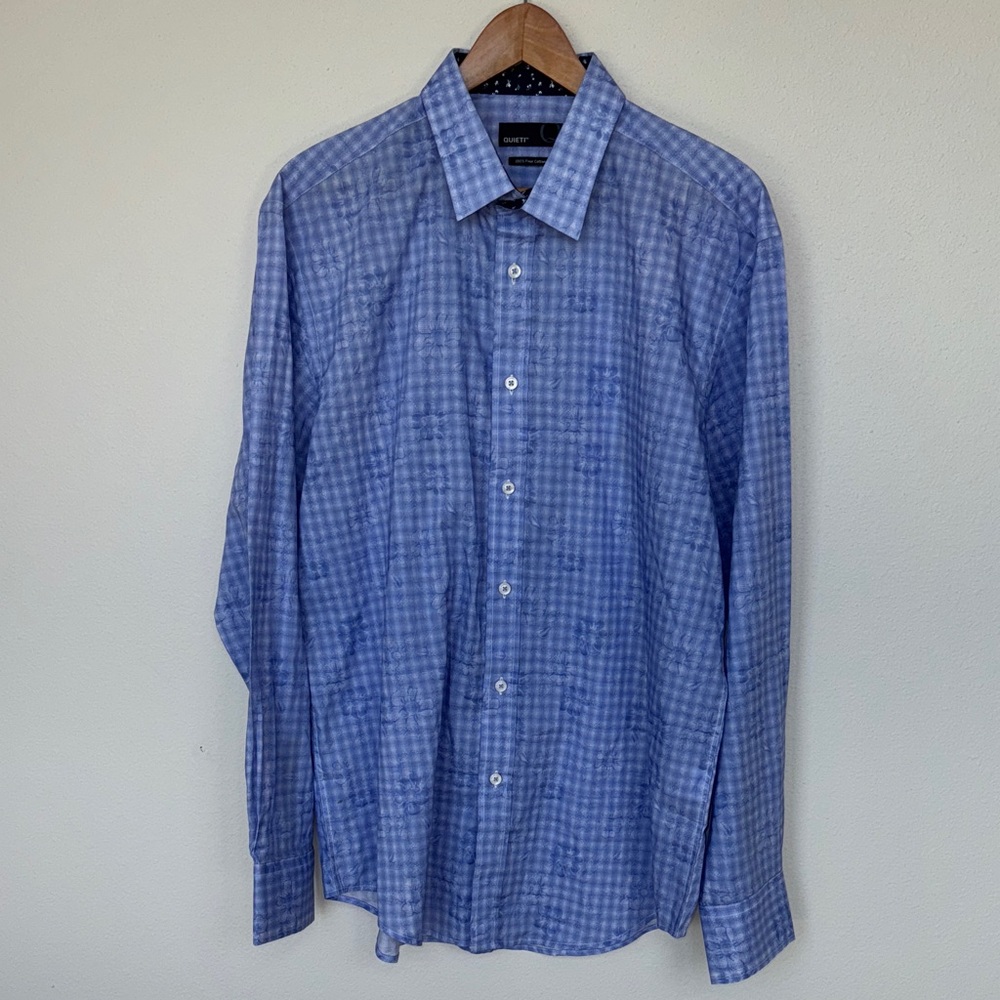 Men's Blue Floral Gingham Design Button-Down Shirt- (L)
